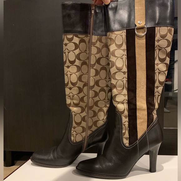 Coach logo heeled knee high boots, brown leather - Picture 2 of 4